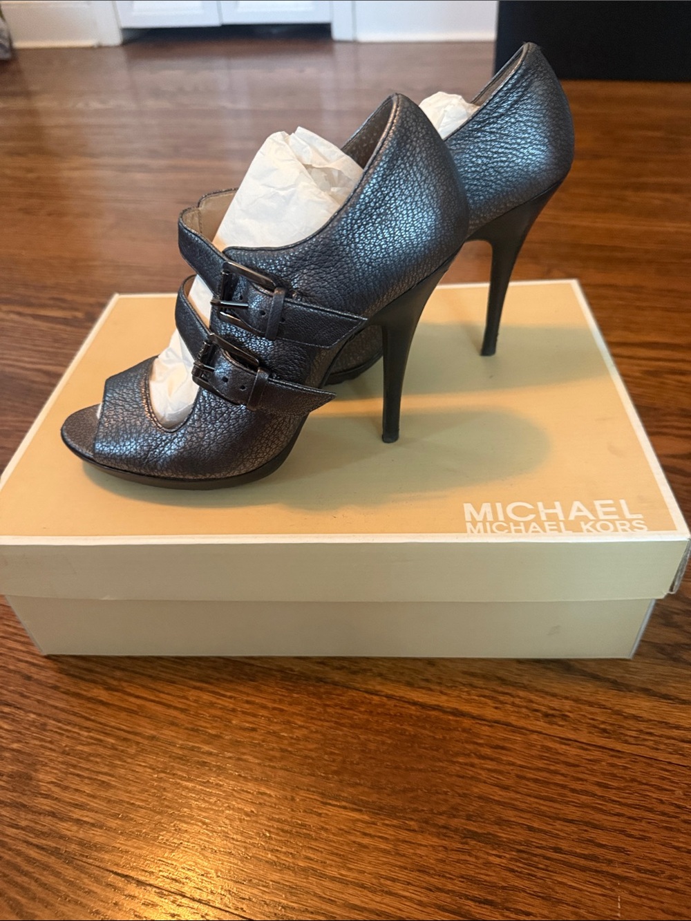 Michael Kors Metallic Gunmetal Peep-Toe Stiletto Sandals